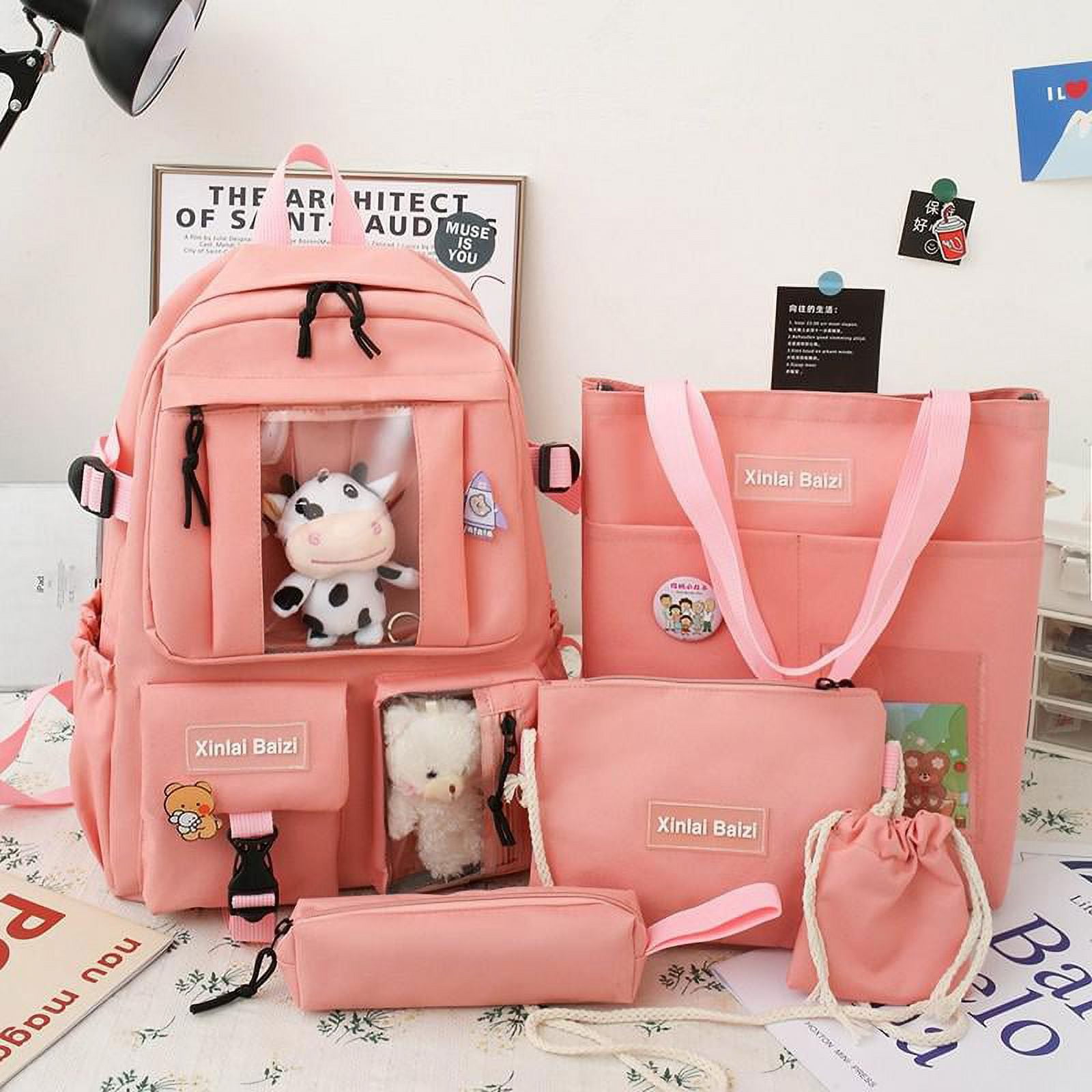 5piece Fashion Women's Backpack Pure Color Cute Cartoon Student School