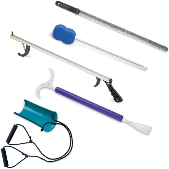5 piece Hip Kit for Total Hip Replacement, Back, Knee Surgery Recovery. 5 Dressing Assist Tools - 26 in. Grabber Reacher, Dressing Pal Stick, Molded Sock Aid, Long Handle Shoe-Horn, Bath Sponge.