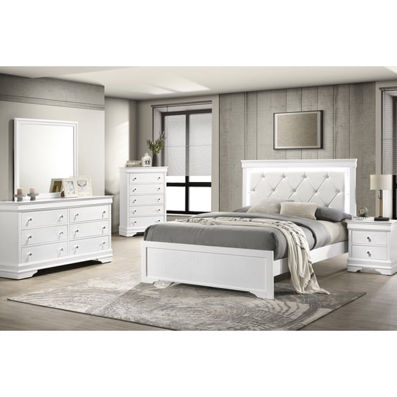 5-piece Modern Style Queen Bedroom Set in White / Offer Sleek Design and Convenient Storage