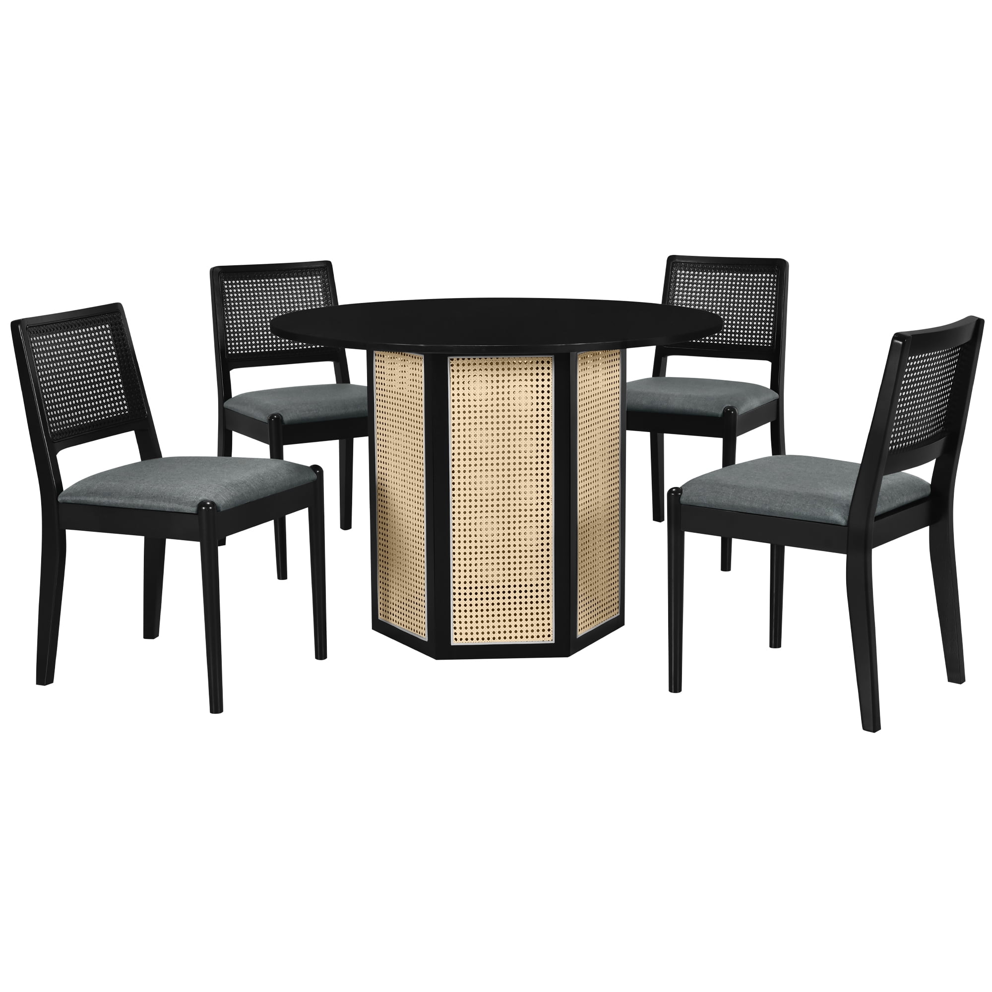 5-piece Rattan Round Dining Table Set, Rubber Wood Table With Hexagonal ...