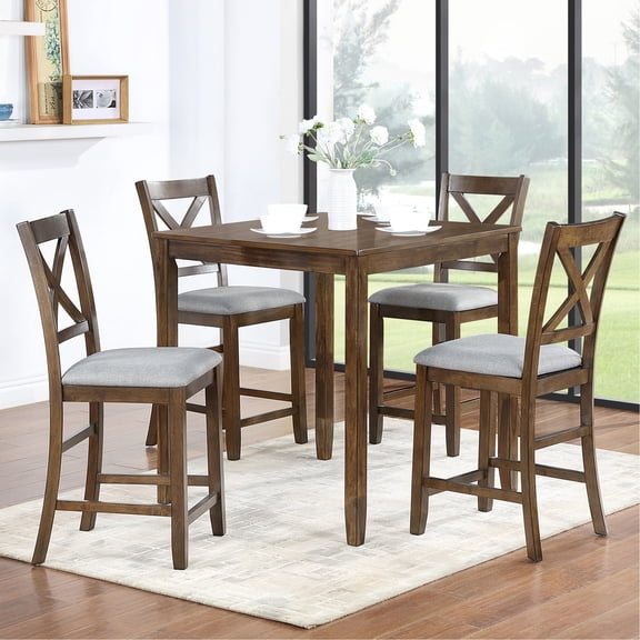 5-piece Walnut Solid Wood - Counter Height Dining for Small Space - Ideal for Family Meals - Comfortable and Durable Set