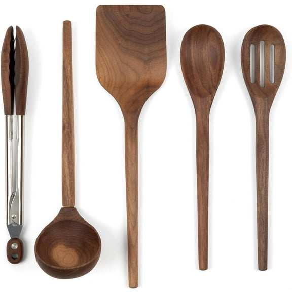 5-piece Walnut Wooden Kitchen Utensil Set - Includes Turner, Tongs, Slotted Spoon, Ladle, and 12" Spoon - Best Wooden Spoons for Cooking - Ideal for Nonstick Cookware