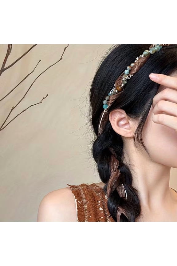5 piece boho headband set, vintage style mesh braided hair accessories, 2-in-1 wavy design, color block print, no feathers, perfect for Valentine's Day and everyday wear