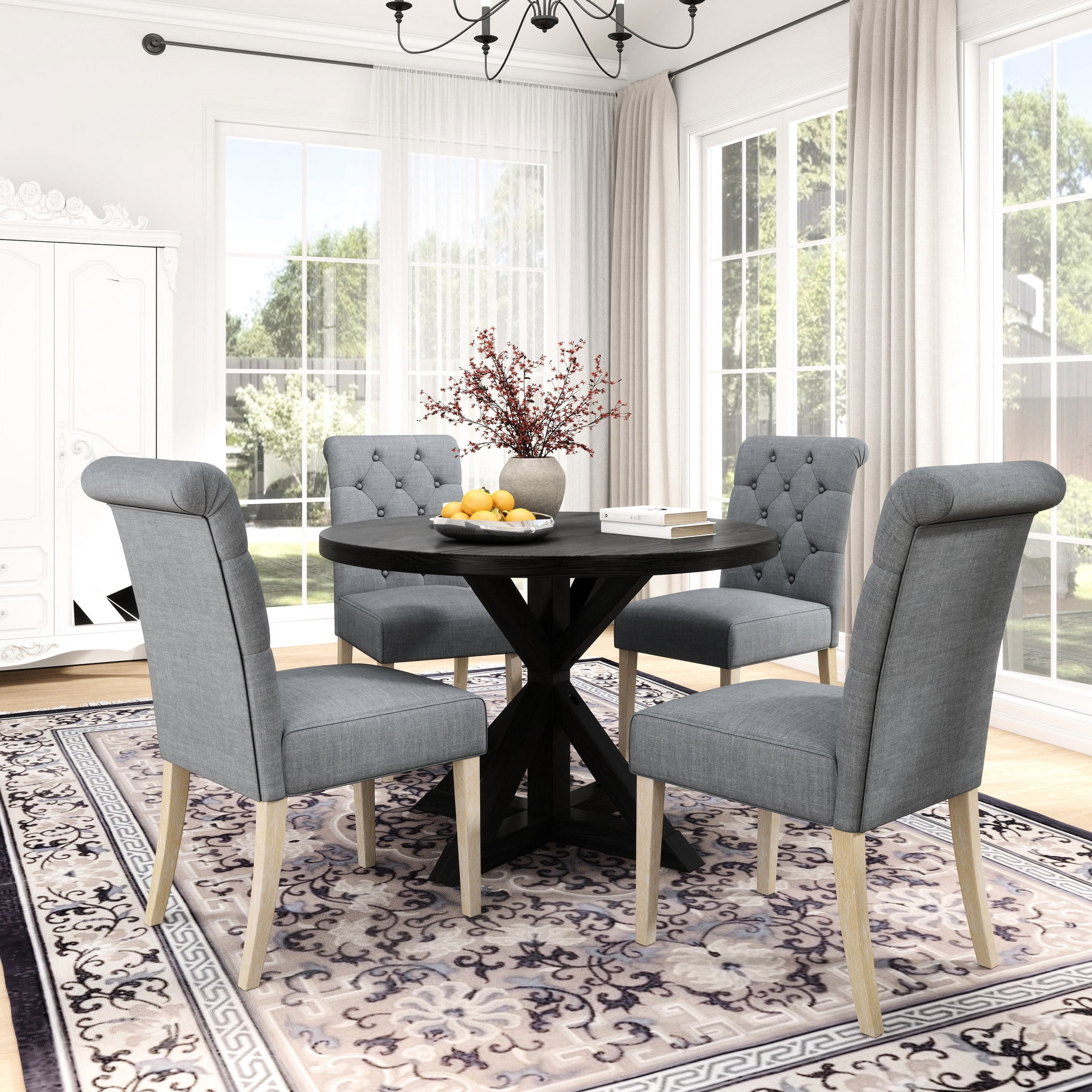 5-piece modern dining set with round oak veneer table and 4 solid back ...