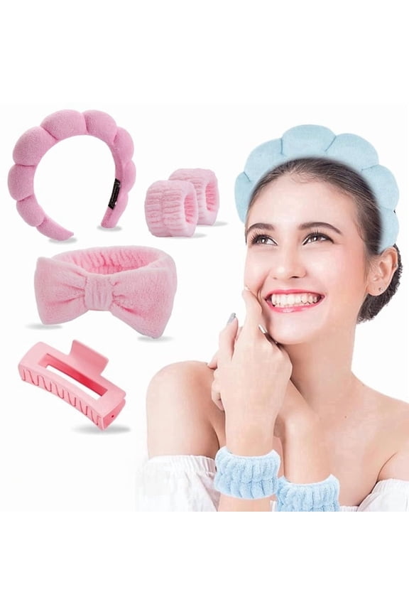 5 pieces/set Sponge Spa Face Wash Headband Soft and Warm Coral Velvet Hair Hoop Hair Strap Wristband Skincare Makeup Removal Shower Female