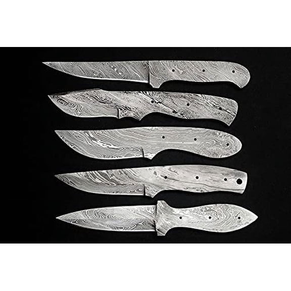 5 pieces set of 8 to 9.5 inches long hand forged twist pattern Damascus steel blank blade skinning knife set, Over all 44 inches long blades