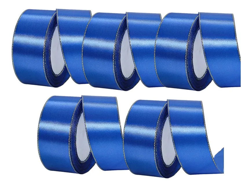 5-roll decorative satin ribbon with golden edges, used for gift wrapping, parties, and Christmas decoration, total length 114.25m