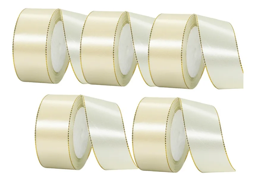 5-roll decorative satin ribbon with golden edges, used for gift wrapping, parties, and Christmas decoration, total length 114.25m