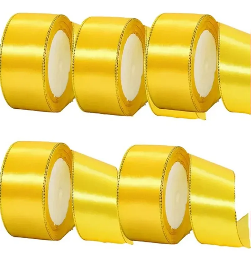5-roll decorative satin ribbon with golden edges, used for gift wrapping, parties, and Christmas decoration, total length 114.25m