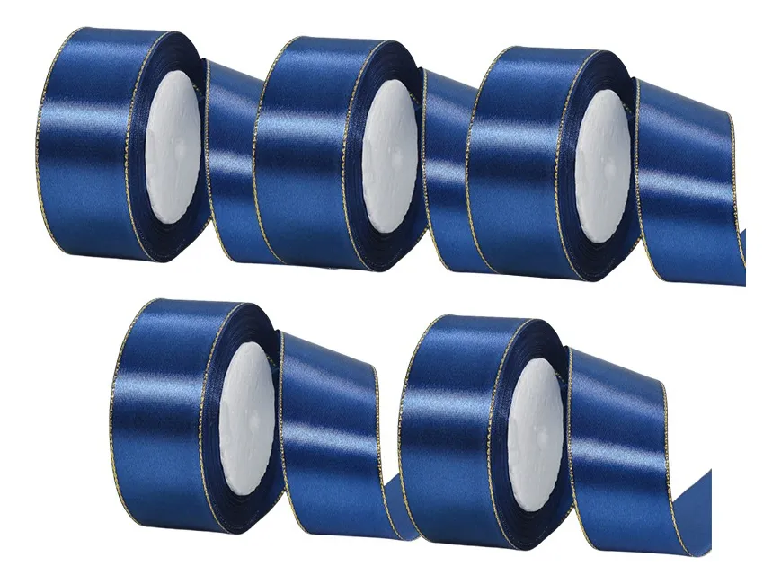 5-roll decorative satin ribbon with golden edges, used for gift wrapping, parties, and Christmas decoration, total length 114.25m