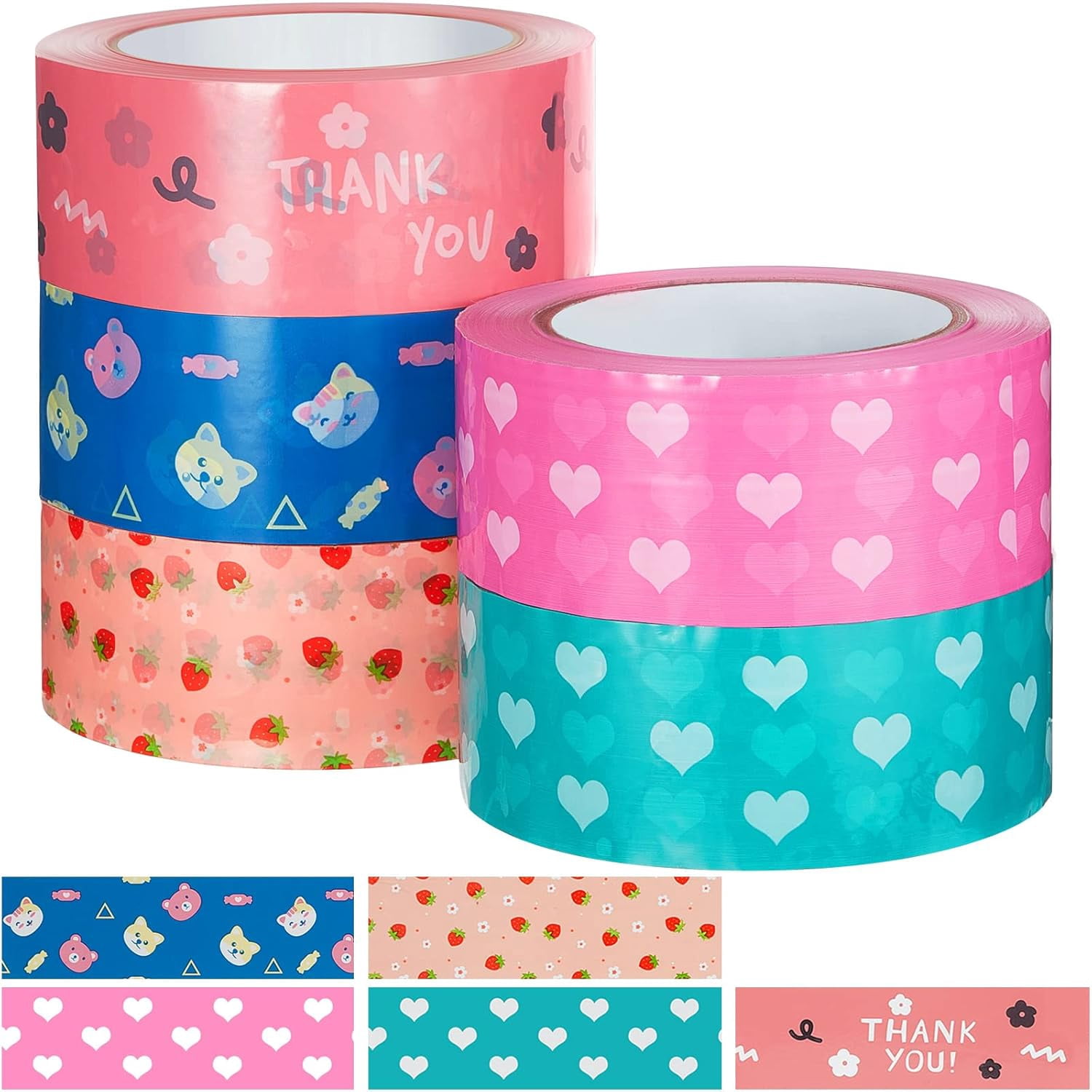 5 rolls of cute heart-shaped packing tape color-printed carton tape cartoon packing tape decorative and colored tape for sealing luggage, 1.77 inches 110 yards