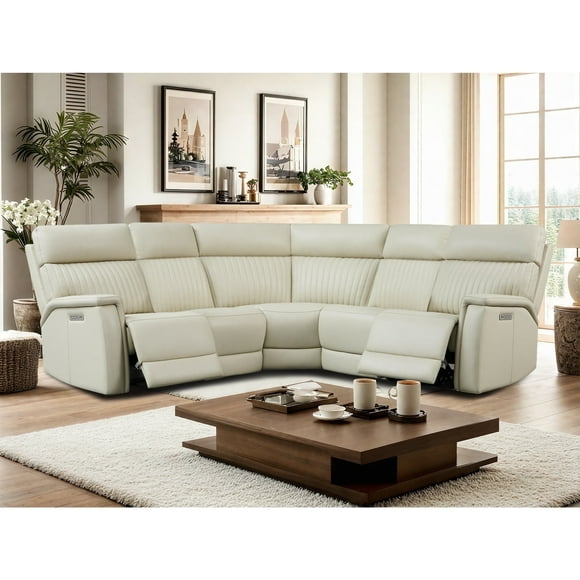 5-seat L-Shaped Genuine Leather Cream Tir-Power Reclining Sectional Sofa Adjustable Headrest Footrest Lumbar USB&USB-C Port
