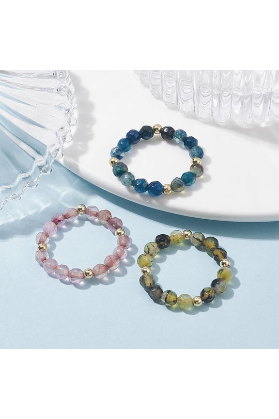 5 set 3pcs Natural Agate Faceted Round Stretch Finger Rings Brass Round Beaded Finger Rings for Women Inner Diameter: 18mm 3pcs/set.