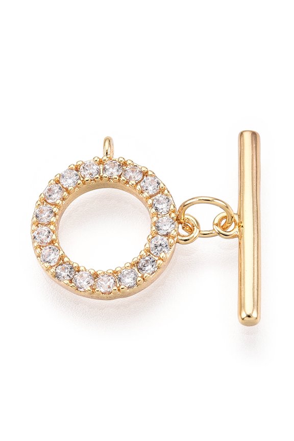 5 set Brass Micro Pave Clear Cubic Zirconia Toggle Clasps Ring Real 18K golden Plated Bar: 15.5~17x4x2mm Hole: 1mm Ring: 12x13x3mm Hole: 0.9mm