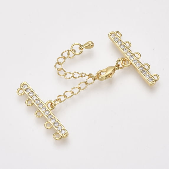 5 set Brass Micro Pave Cubic Zirconia Chain Extender Necklace Layering Clasps with 5 Strands 10-Hole Ends and Lobster Claw Clasps Nickel Free Clear Real 18K golden Plated
