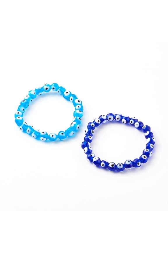 5 set Handmade Evil Eye Lampwork Beaded Stretch Bracelets sets Mixed color Inner Diameter: 2-1/4 inch(5.6cm) 2pcs/set