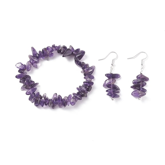5 set Natural Amethyst Chips Beaded Jewelry set Gemstone Stretch Bracelets & Dangle Earrings for Women Platinum 35mm Pin: 0.5mm Inner Diameter: 2-1/8 inch(55mm)