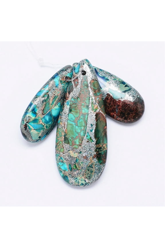 5 set Natural Regalite/Imperial Jasper/Sea Sediment Jasper Pendants with Silver Line Dyed teardrop Blue 34.5~50.5x15~20.5x6.5~7mm Hole: 2mm