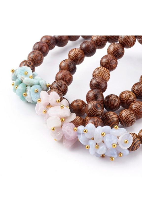 5 set Round Natural Wood Beads Stretch Bracelets sets with Natural Blue Lace Agate/Larimar/Kunzite Chip Beads Inner Diameter: 2-1/8 inch(5.5cm) 3pcs/set