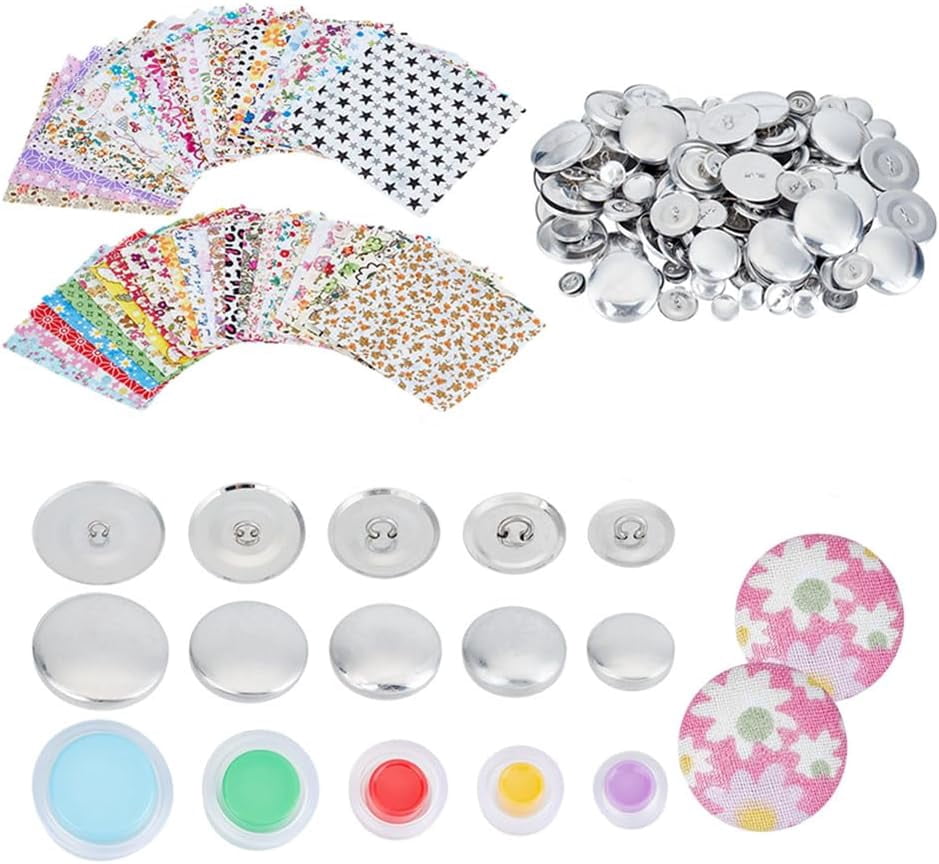 5 sets 5 styles Aluminum Blank Buttons with Plastic Tools for Craft Button Maker Flat Round with Back Cover with 50pcs Cotton Fabric Mixed color 14.5~37.5x4.5~6.5mm