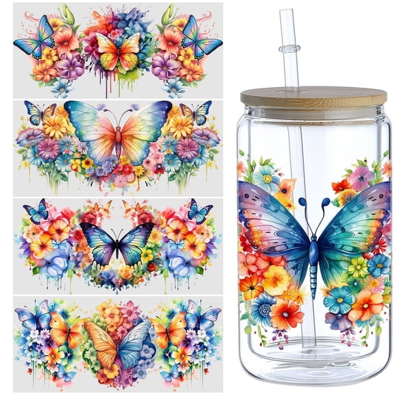 5 sheets Butterfly UV DTF Transfer Stickers, For Glass Tumbler, Waterproof Decals, Plastic Adhesive Label For Bottles And Cups Decor