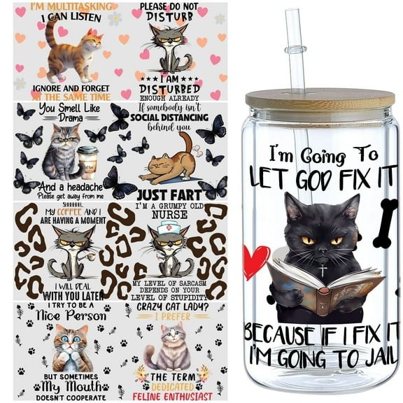 5 sheets Cat UV DTF Transfer Sticker Glass Cups Diy Wrap Transfer Sticker Glass Cup Waterproof Sticker Bottle Sticker Adhesive Sticker-High Quality