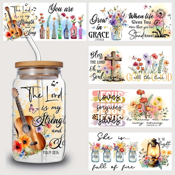 5 sheets Inspirational UV DTF Transfer Sticker Glass Cups Diy Wrap Transfer Sticker Glass Cup Waterproof Sticker Bottle Sticker Adhesive Sticker-High Quality