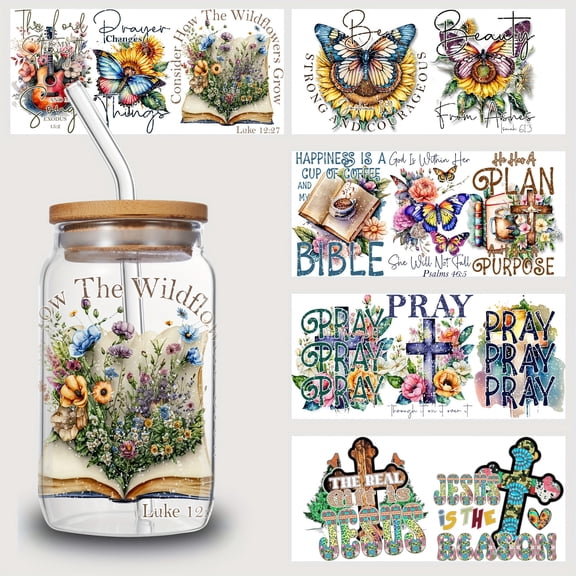 5 sheets Inspirational UV DTF Transfer Sticker Glass Cups Diy Wrap Transfer Sticker Glass Cup Waterproof Sticker Bottle Sticker Adhesive Sticker-High Quality