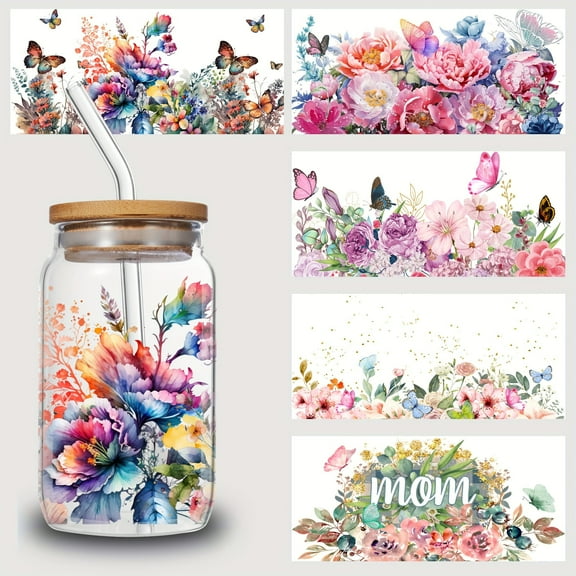 5 sheets flowers UV DTF Transfer Sticker Glass Cups Diy Wrap Transfer Sticker Glass Cup Waterproof Sticker Bottle Sticker Adhesive Sticker-High Quality