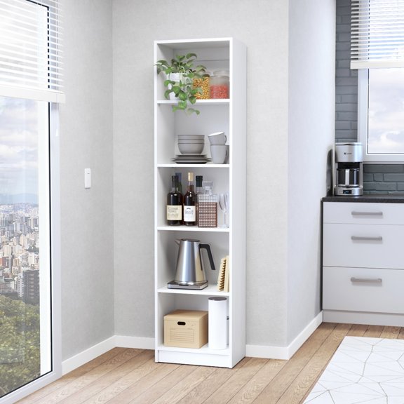 5-shelf Bookcase In Modern Style For Primary Living Area, White, Particle Board, , Quick Setup Procedure White With And Slim Appeal