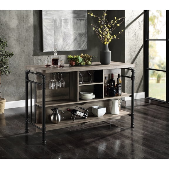 5-shelf Kitchen Island In Antique Oak And Sandy Grey, Offering Generous Storage Area For Bottles Glasses, Tabletop Strong Metal Legs Dining With Sufficient Space Glasses Bottles,