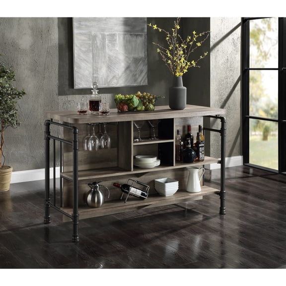 5 - shelf kitchen island in antique oak and sandy grey for dining room offering organization and stable metal legs