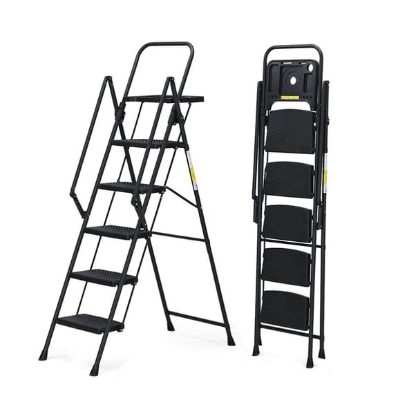 5-step ladder, foldable step stool with tool tray and wide non slip pedals, sturdy steel ladder, convenient handrails, lightweight portable steel step stool