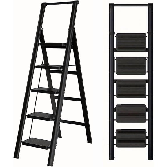 5-Step Ladder Folding Step Stool, 5-Step Ladder with Anti Slip Wide Pedals, Ladders for Home Kitchen Pantry Office, Lightweight Sturdy Steel Ladder for Adults Portablec