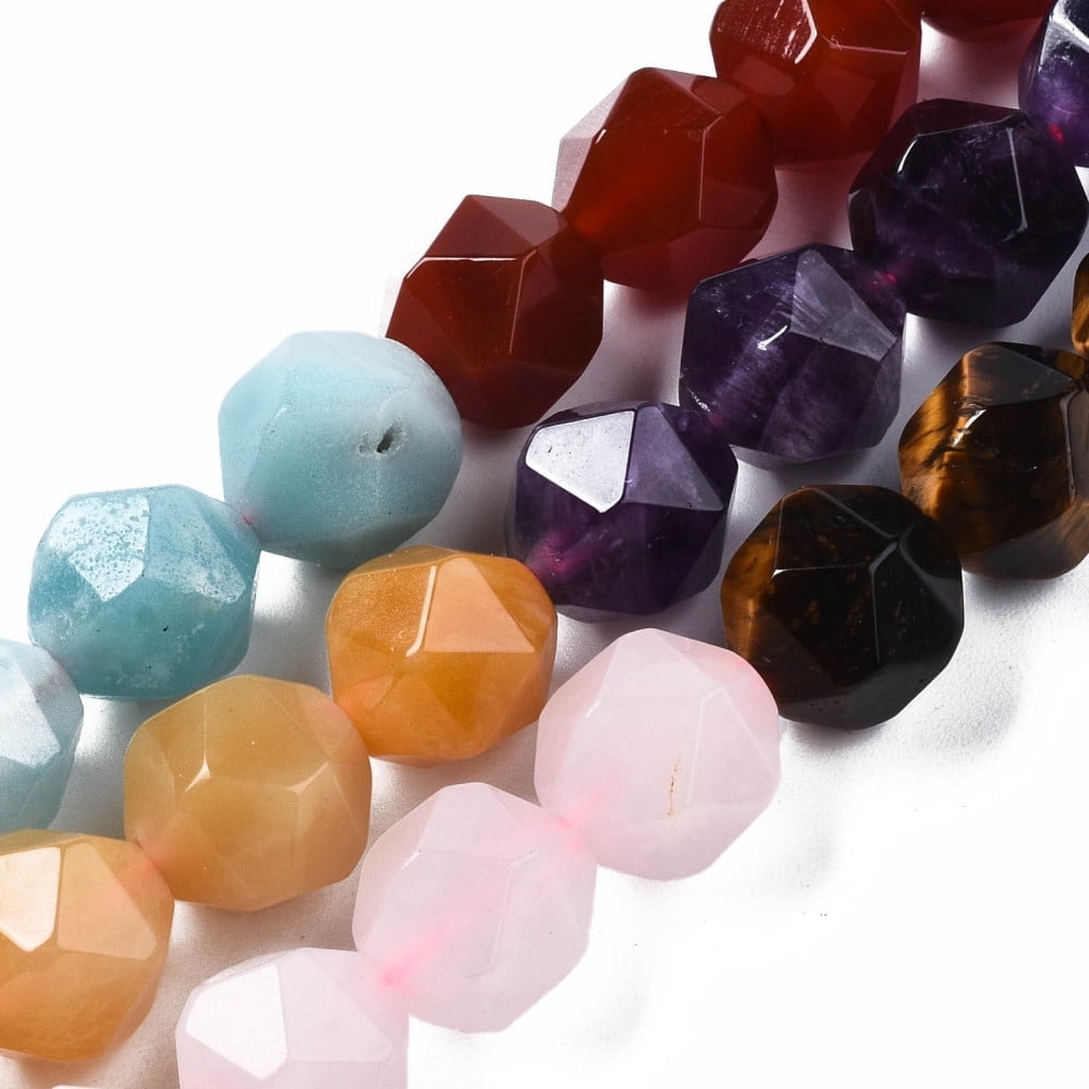 5 strand Theme Natural Tiger Eye Rose Quartz Amethyst Topaz Jade Red Agate Amazonite Sodalite Beads Strands Star Cut Round Beads Faceted 10x9~10mm Hole: 1mm 39pcs/strand 15.55 inch(39.5cm)