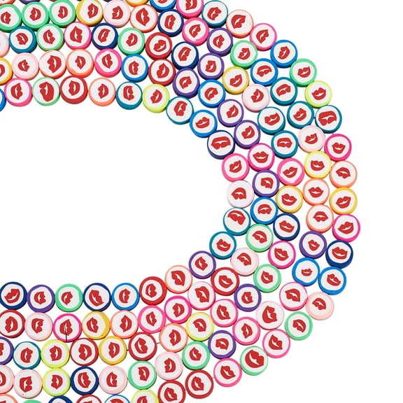 5 strand Craftdady Handmade Polymer Clay Beads Flat Round with Lip Pattern Colorful 10x4mm Hole: 1.6mm 40pcs/strand 15.55''(39.5cm)