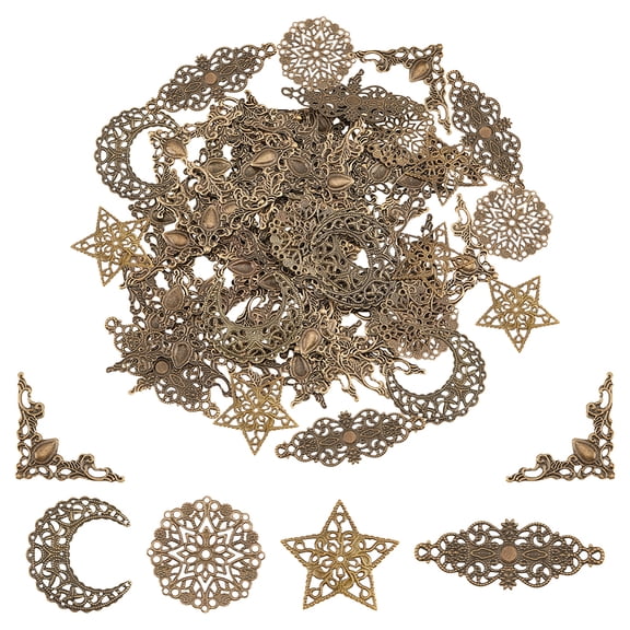 5 style Iron Filigree Joiners Links Hollow Star/Crescent Moon/Flat Round Bronze 27~62x22~57.5x0.6~1.5mm 104pcs/box