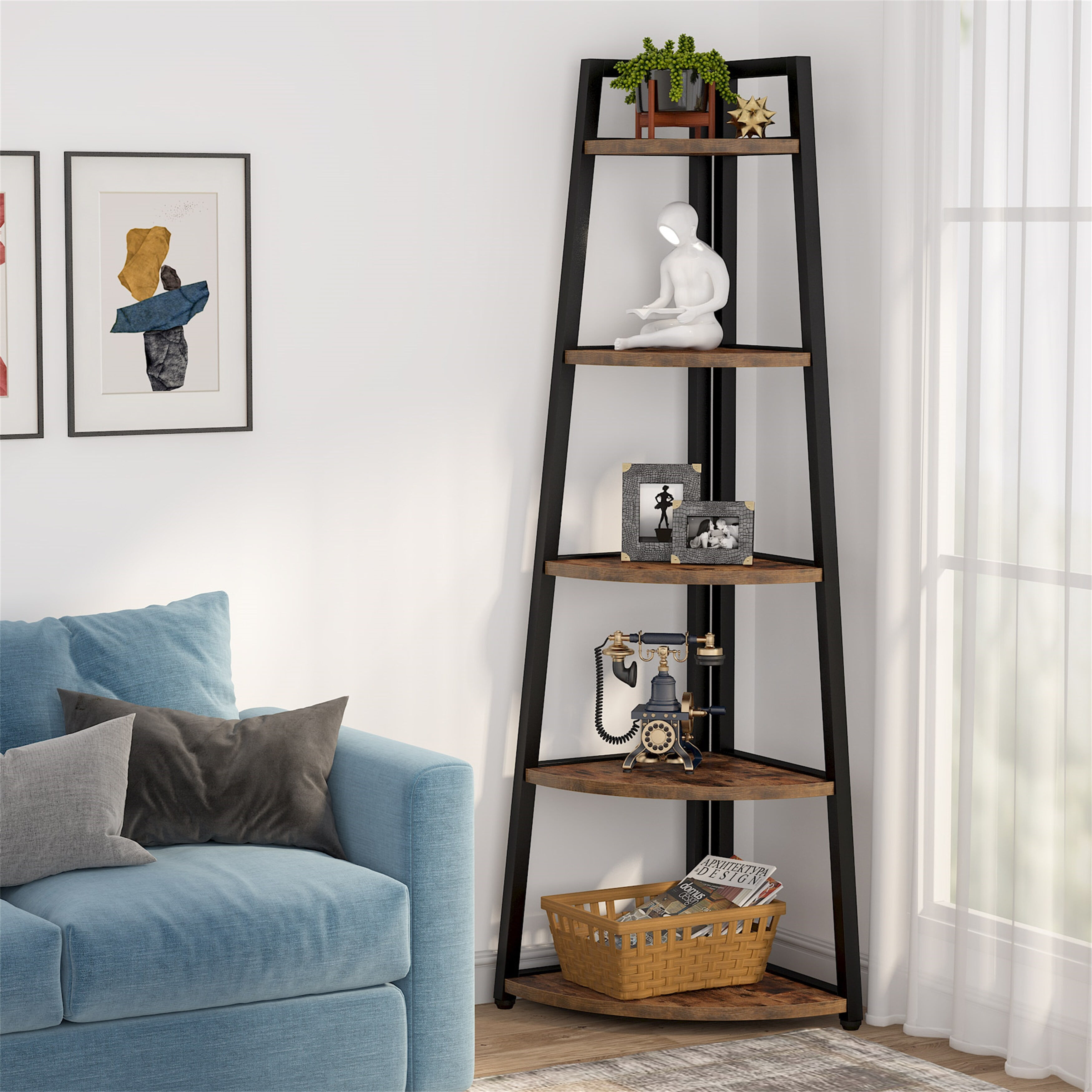 5 tier Bathroom Corner Shelf Storage Tower Cabinet Rustic Brown Vintage Brown