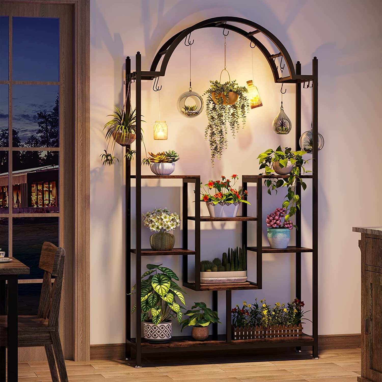 Arched 5-Tier Brown Metal and Wood Indoor Plant Stand