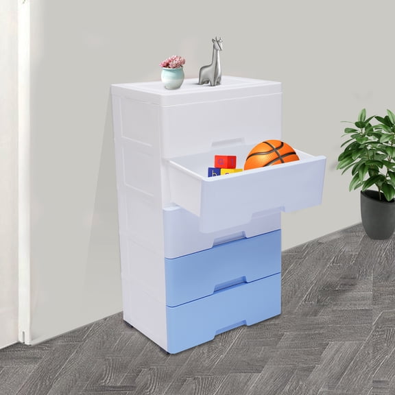 5-tier PP Gradient Blue Dresser Storage Cabinet Stackable Vertical Clothes Storage Tower with Removable Pulley