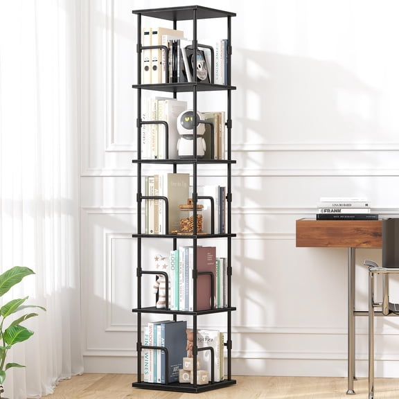 5-tier Rotating Bookshelf  Freestanding Corner Industrial Style Storage Rack With Rails For Living Room Bedroom