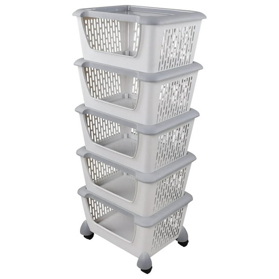 5-tier Stacking Storage Basket Tower with Wheels, Plastic Open Stacking Basket, Grey