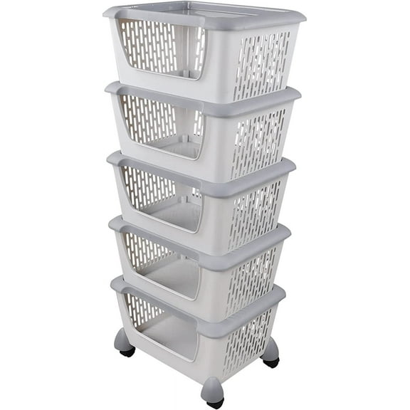 5-tier Stacking Storage Basket Tower with Wheels, Plastic Open Stacking Basket, Grey