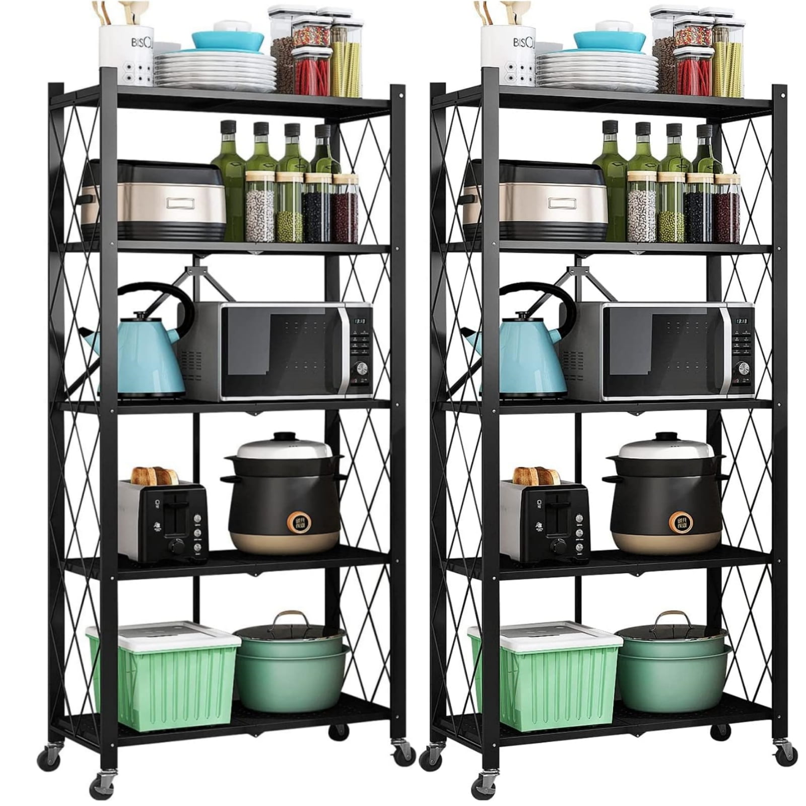 5 tier Storage Shelf, Foldable Shelf with Wheels,Storage Rack on Wheel, Foldable Shelf Unit, Foldable Storage Shelf Garage Shelves and Racks, Heavy Duty Metal Shelf, Kitchen Storage Shelf(2 PACK)