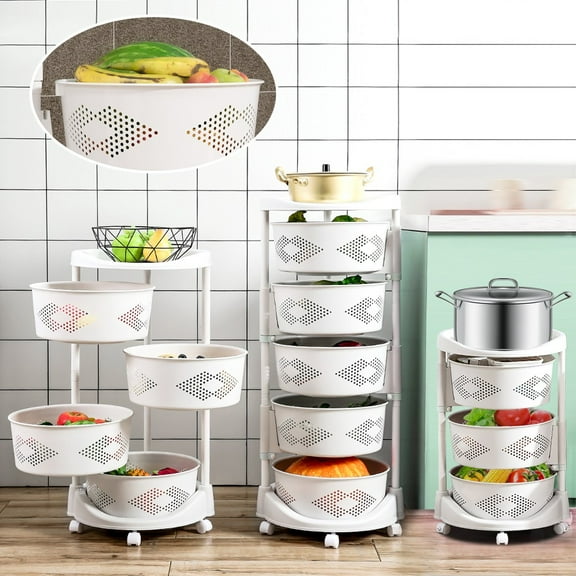 5-tier Stylish Appearance White Round Floor Standing rotating storage shelf for the Living Room, Kitchen