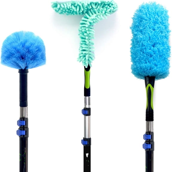 "5-to-12 Foot Duster 3-Pack with Extension-Pole (20+ Foot Reach) | Hand-packaged Cobweb Duster, Microfiber Feather Duster, Flexible Microfiber Ceiling & Fan Duster | Aluminum Telescopic Pole "