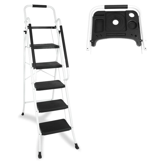 5 with Handrails & Tool Tray Platform, 330 lbs Folding Step Stool Ladder, Portable Steel Ladder for Kitchen Pantry Home Office Library, White