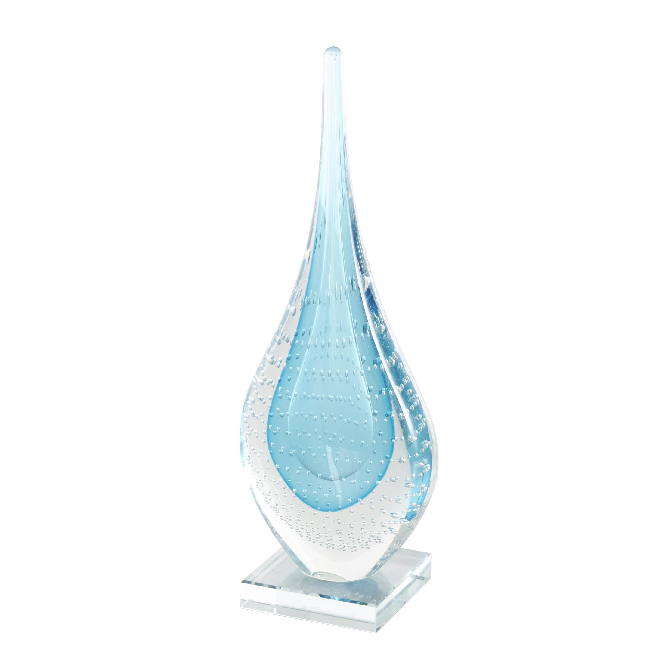 5" x 13" Blue Glass Teardrop Abstract Sculpture with Clear Bubble Droplets, by DecMode