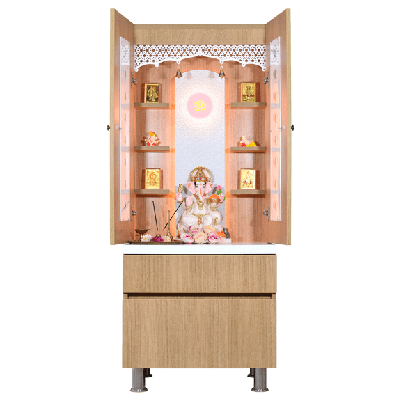 5' x 2' Natural Teak Finish Mandir with doors