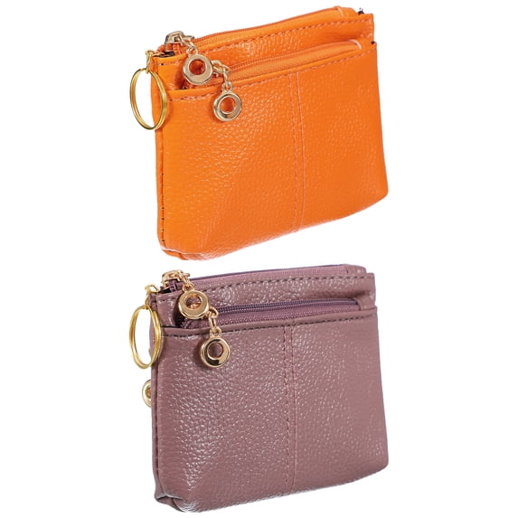 5" x 3.5" Coin Purse Pouch, 2Pcs Leather Change Purses Small Organizer Bags with Zipper Key Ring for Women Men Home, Purple/Orange